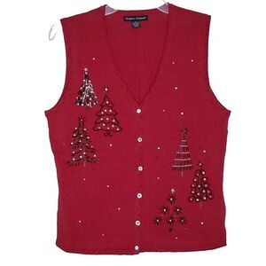 Beaded Christmas Sweater Vest M Red Black Trees Embellished Holiday